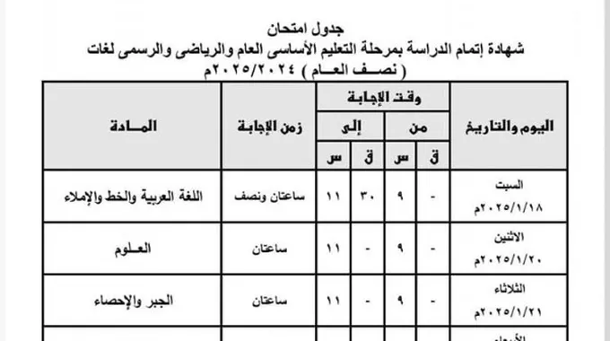 جدول امتحانات الصف الثالث الإعدادي 2025