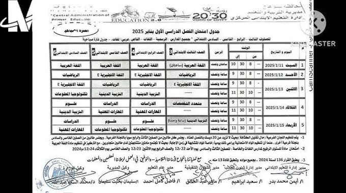 جدول امتحانات الصف السادس الابتدائي 2025